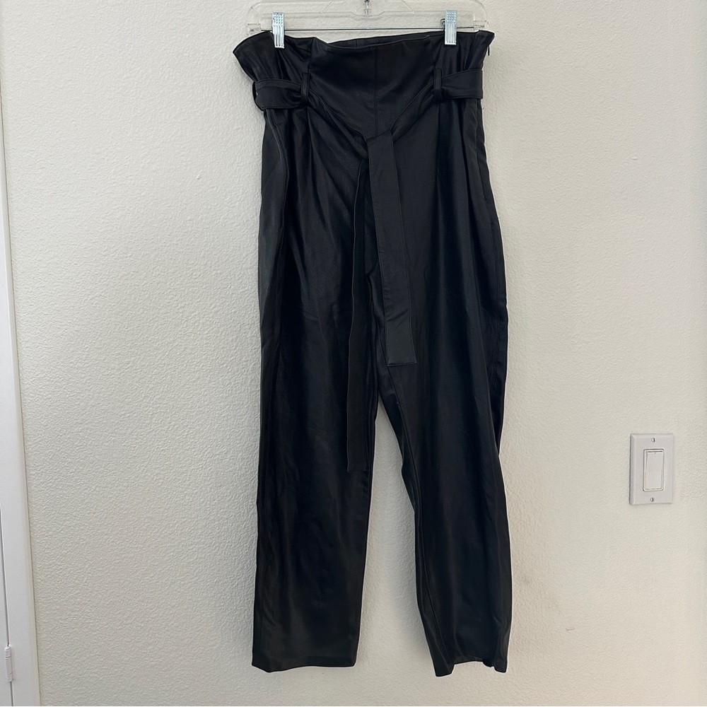 Amanda Uprichard Black Faux Leather Paperwaist Bag Pants